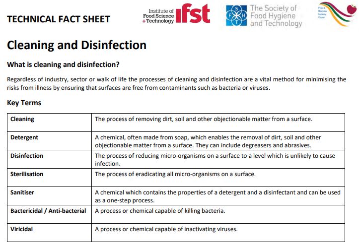 Food & Industry Biocides Group - Cleaning & Disinfection Technical Fact Sheet (2020)