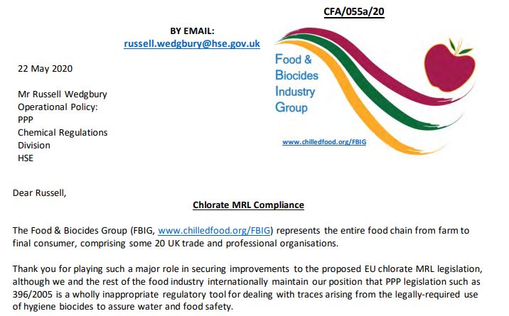 Food & Biocides Industry Group - Submission to HSE on chlorate MRL Compliance (2020)