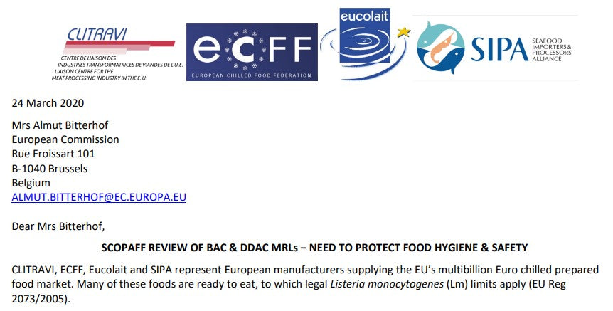 Food & Biocides Industry Group - ECFF, CLITRAVI, Eucolat & SIPA Letter re QACs MRLS (2020)