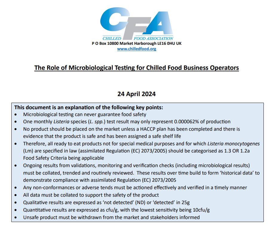 Role of Microbiological Testing for Chilled Food Business Operators (with focus on Listeria)