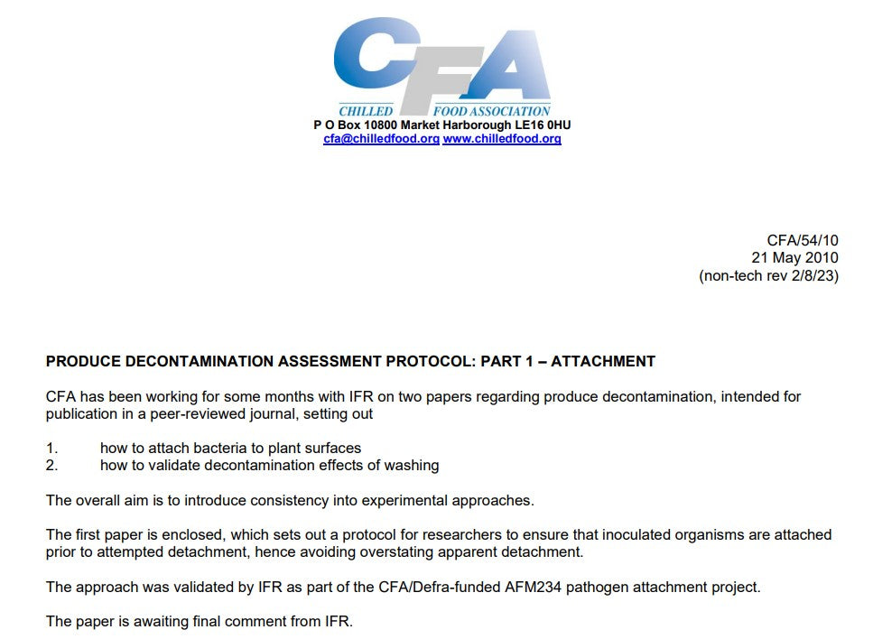 Produce Decontamination Assessment Protocol: Part 1 - Attachment (2010 - non-tech rev 2023)
