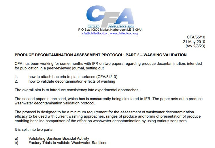 Produce Decontamination Assessment Protocol: Part 2 Washing Validation (2010, rev 2023)