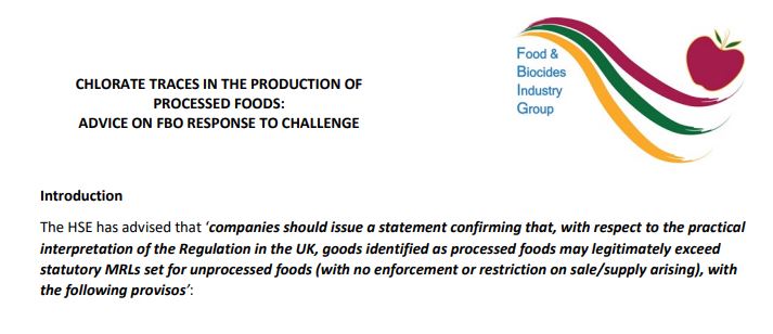Food & Biocides Industry Group - Chlorate MRLs compliance - pointers on FBO statement